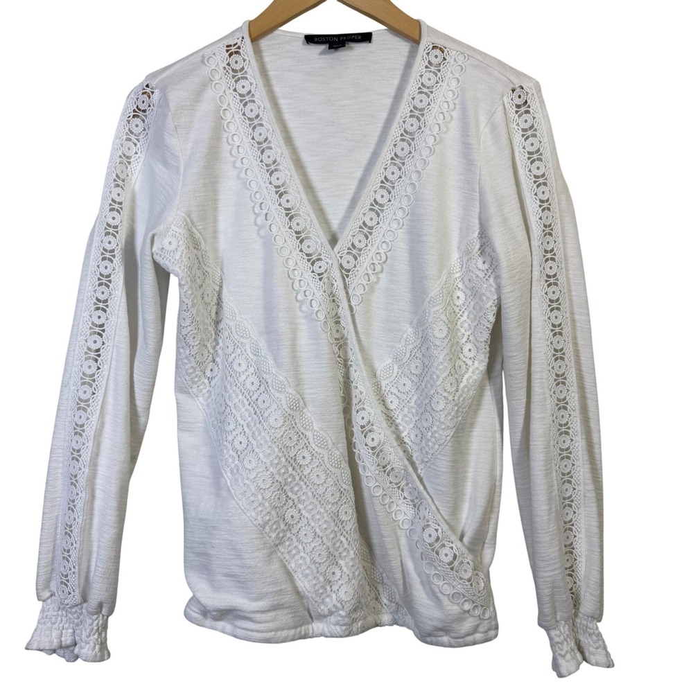 Boston Proper Womens Top Small White Lace Trim Surplice Neck Long Sleeve‎ Blouse